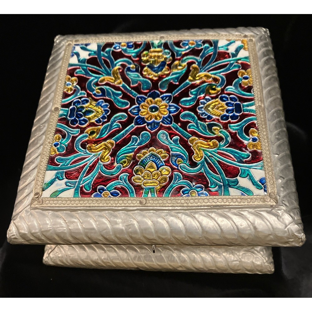India Handcrafted Meenakari Fruit Jewelry Box Colorful Enamel Silver Tin Trinket